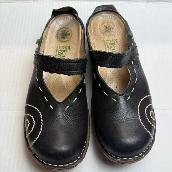 El Naturalista Black Leather Mary Jane Flats EU 38 White Stitch Comfort Shoes - Picture 2 of 10